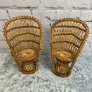 Set of 2 Decorative Mini Wicker Rattan Peacock Chairs 9in